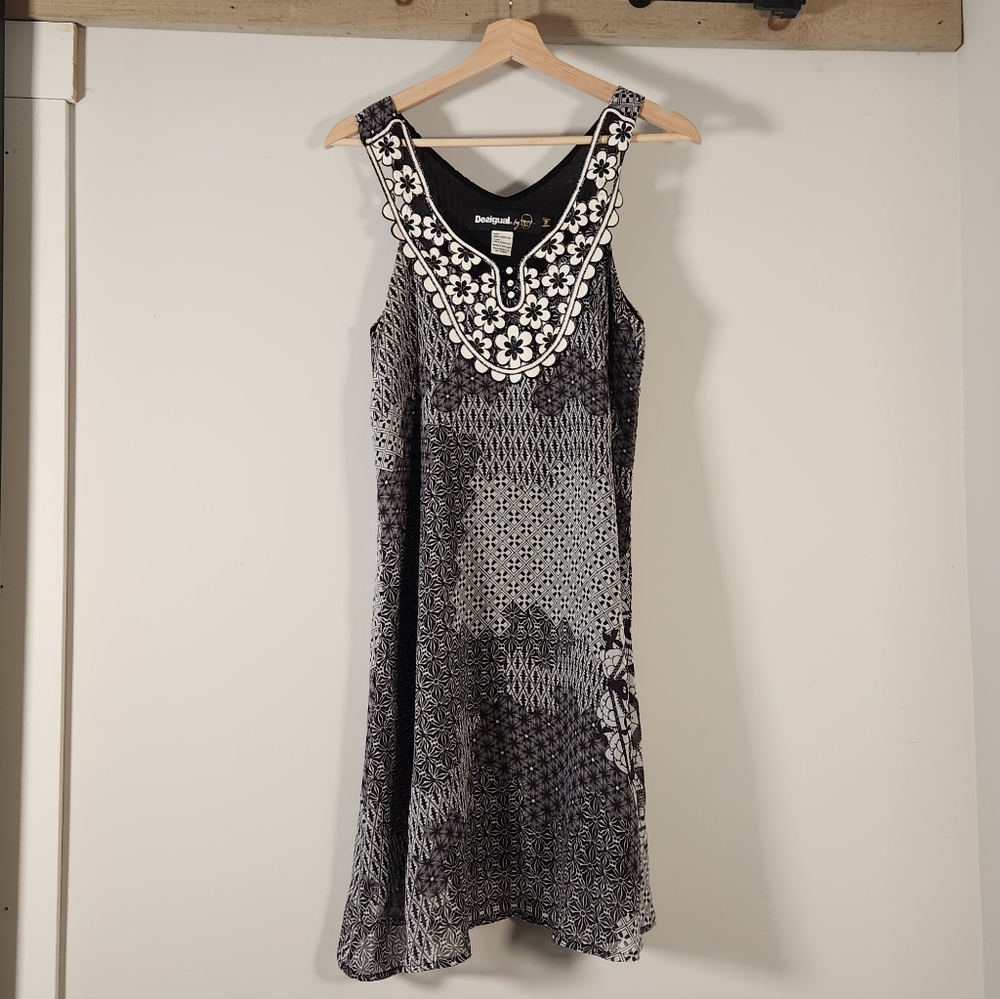 Desigual Black and White Patterned Midi Dress